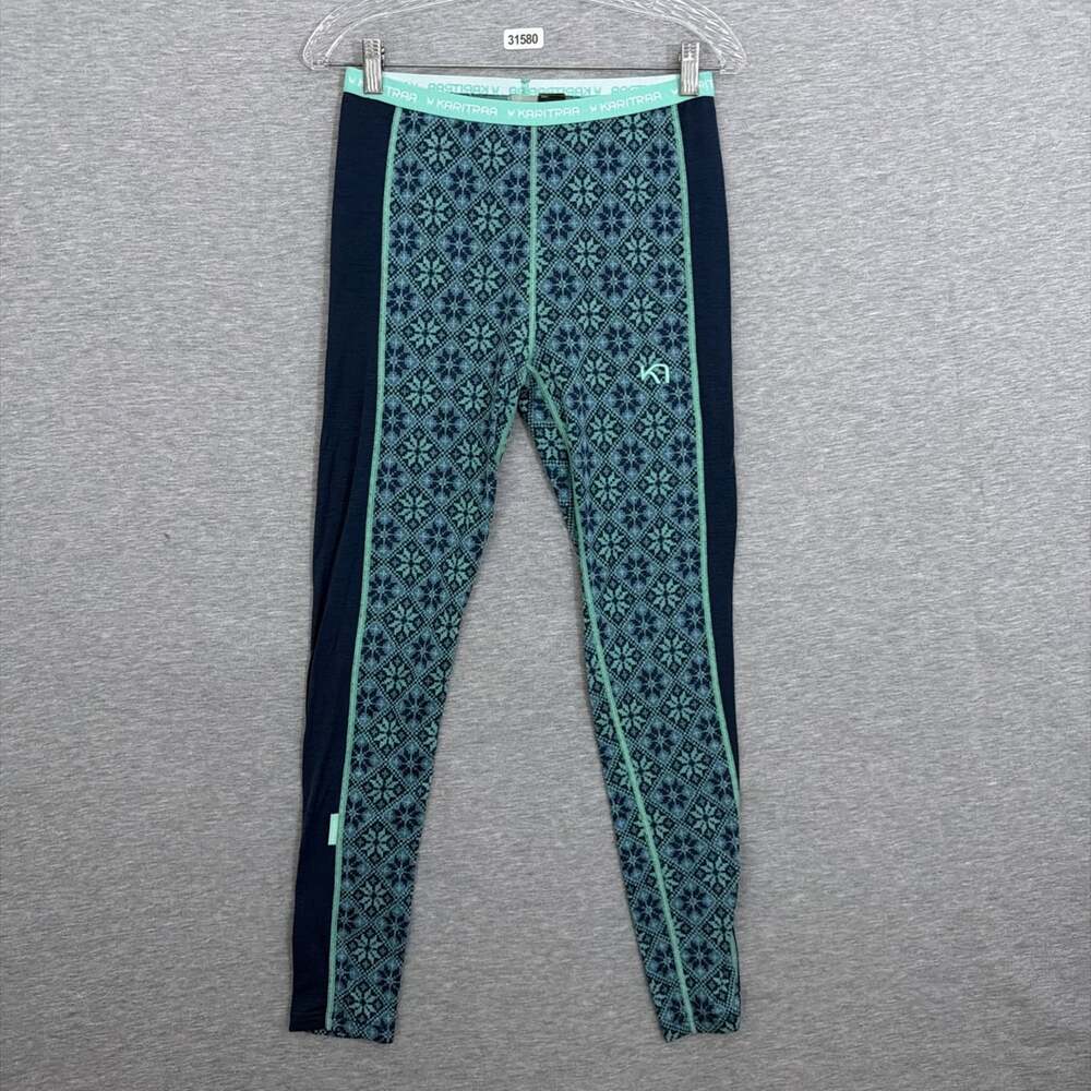 Kari Traa 100% Merino Wool Base Layer Leggings Womens Medium Green Fair Isle